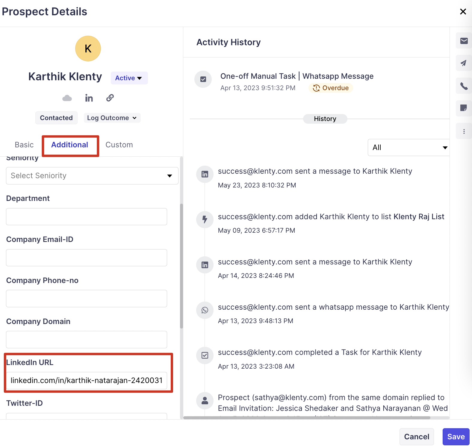 Klenty prospect details panel with the LinkedIn URL field and activity history of LinkedIn and WhatsApp tasks