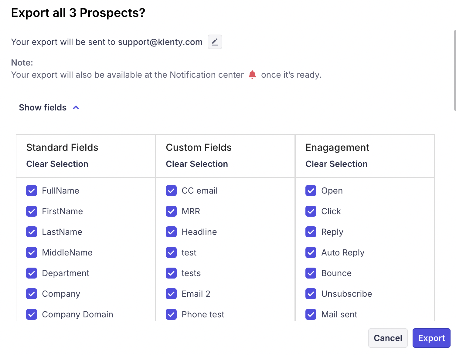 Klenty export dialog with standard, custom and engagement field checkboxes for three prospects