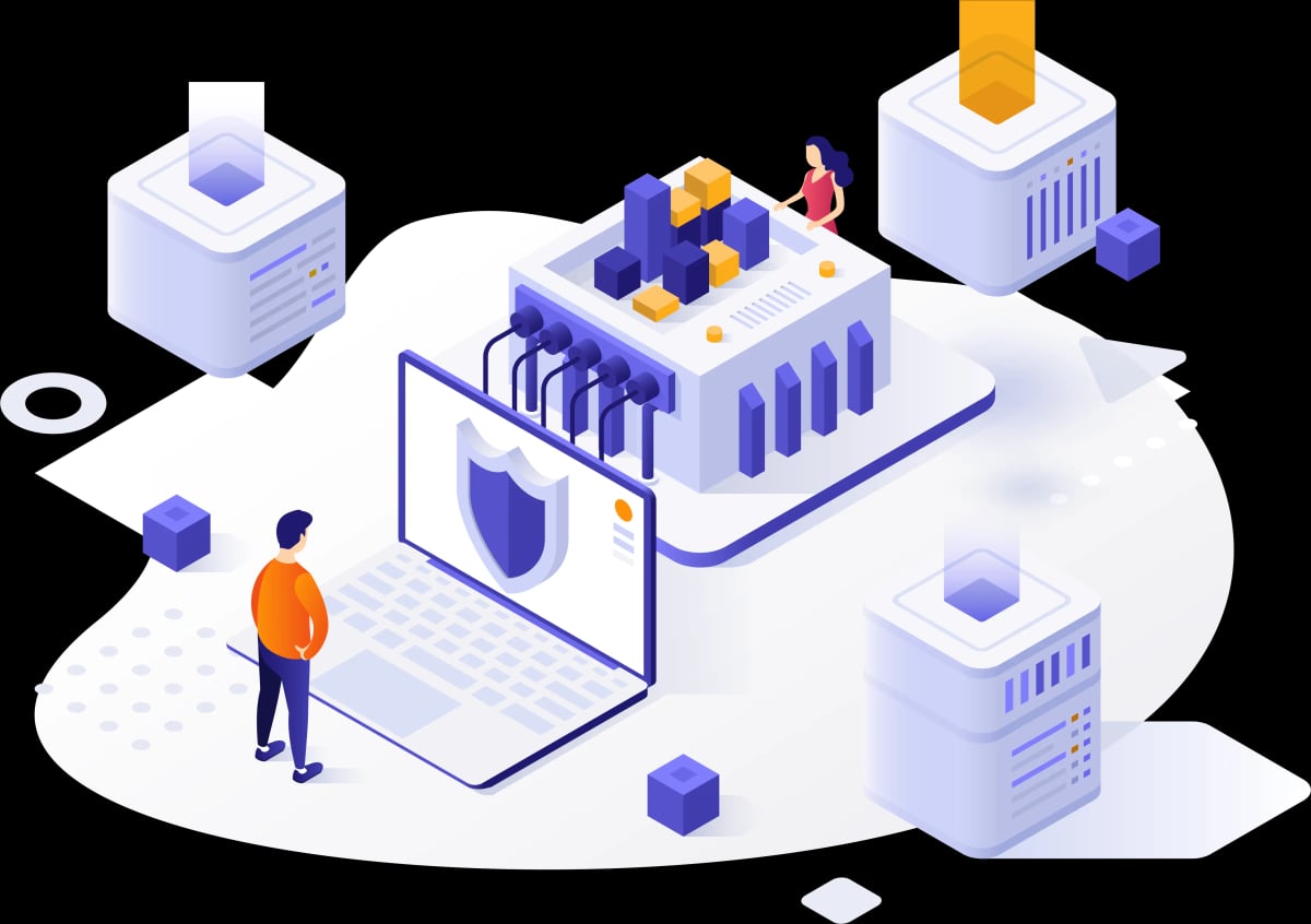 KnownHost managed VPS illustration showing server stacks, a laptop and a security shield