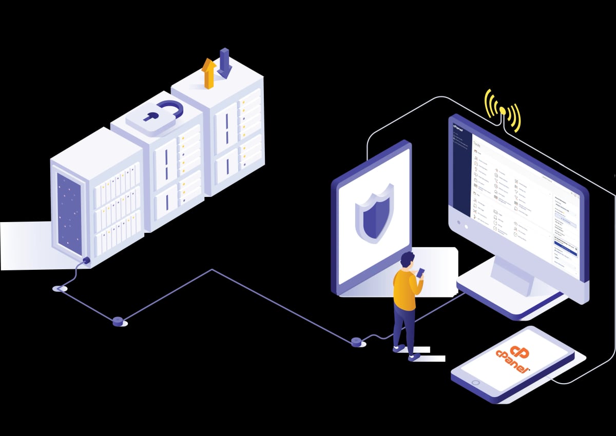 KnownHost shared hosting illustration with a server linked to a monitor and a tablet showing the cPanel logo