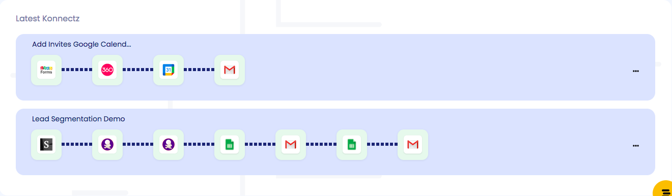 KonnectzIT Latest Konnectz list showing two multi-step workflows chaining forms, Google Calendar, Google Sheets and Gmail