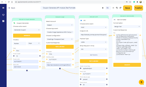 KonnectzIT builder chaining the Coupon Generator, an API/HTTP request and the Text Formatter utility