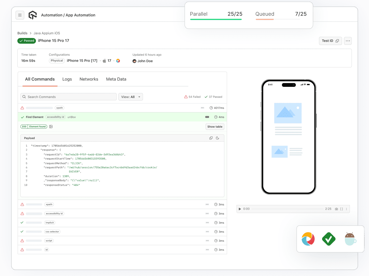 TestMu AI App Automation build of a Java Appium suite on a physical iPhone 15 Pro, with command log, payload and device video