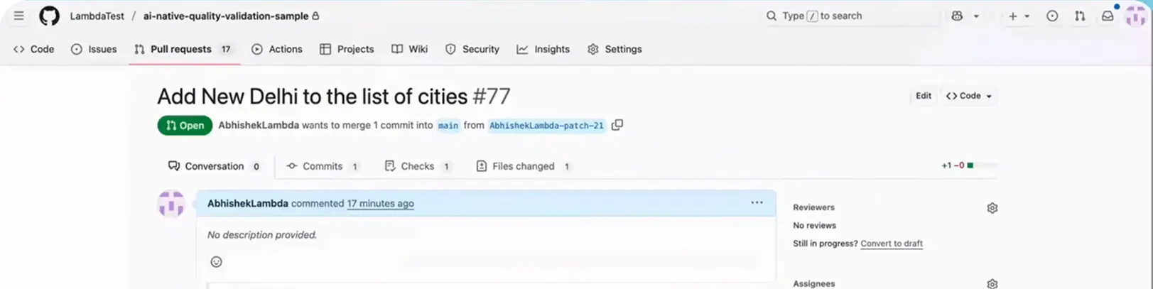 GitHub pull request in a LambdaTest sample repository, the starting point of KaneAI's AI-native quality validation demo