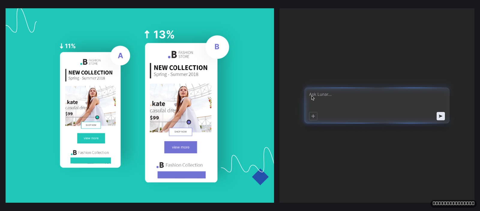 Landingi A/B test variants with conversion changes beside EventTracker click and scroll events