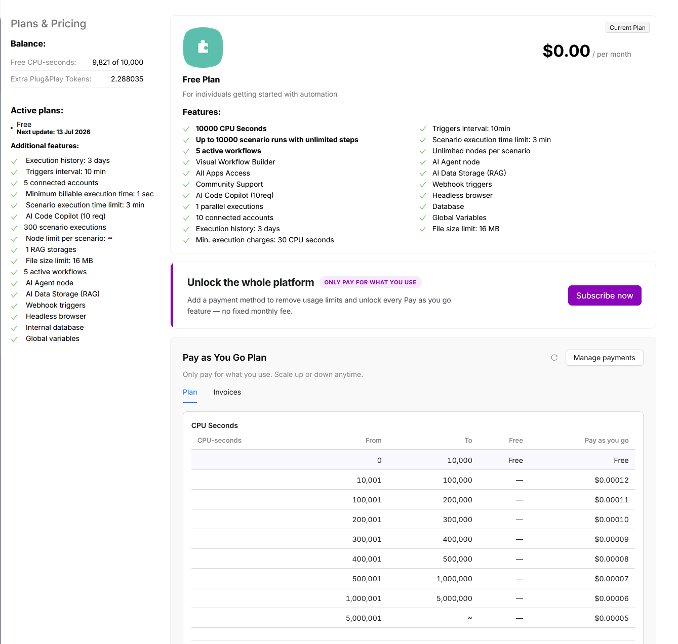 Latenode in-app Plans and Pricing screen showing the Free card and the tiered CPU-second rate table