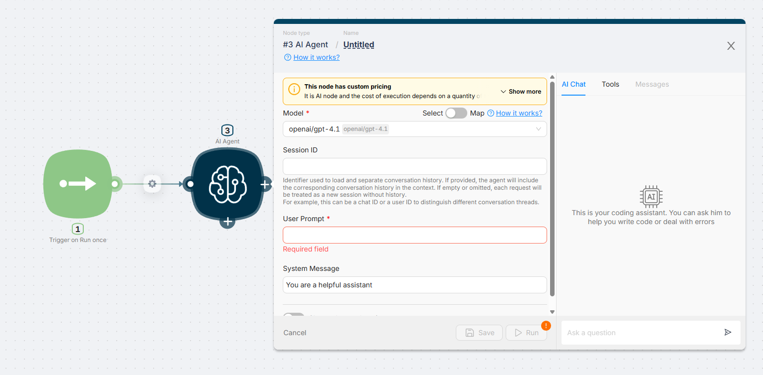 Latenode AI Agent node configured with an OpenAI model and a banner saying the node has custom pricing