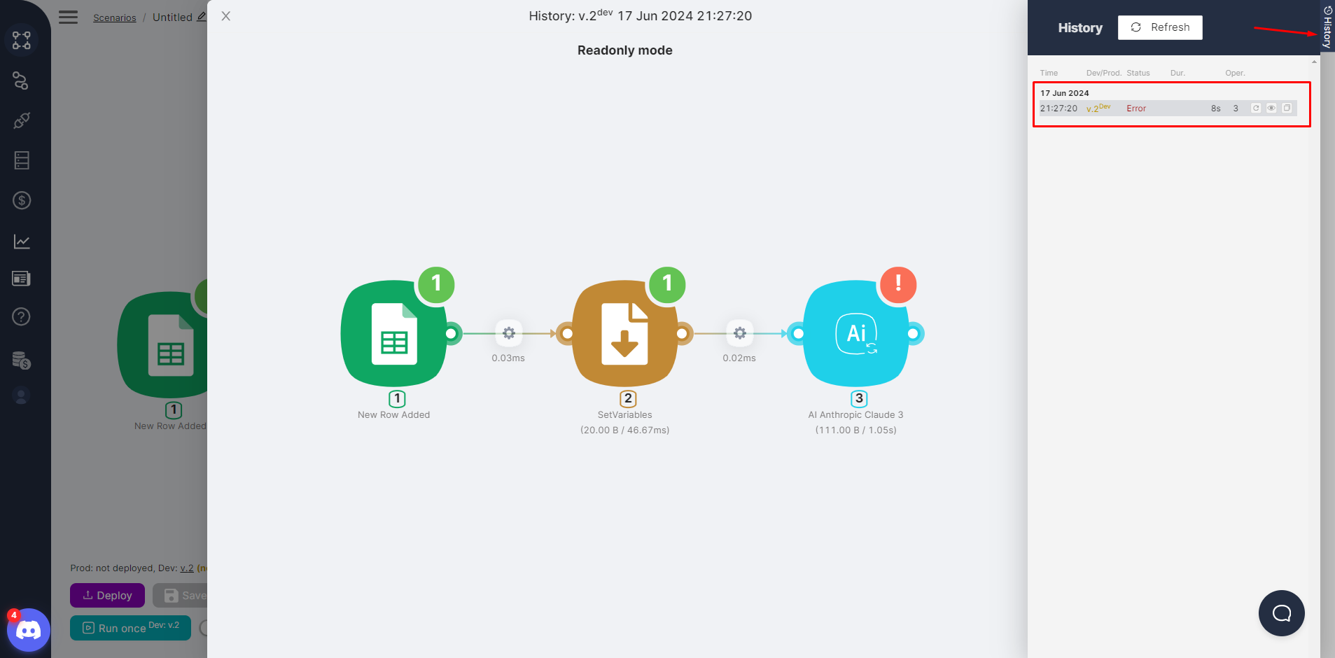 Latenode execution history panel replaying a failed run with per-node timings on the canvas