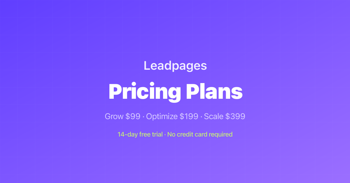 Leadpages pricing share card listing the Grow, Optimize and Scale plans