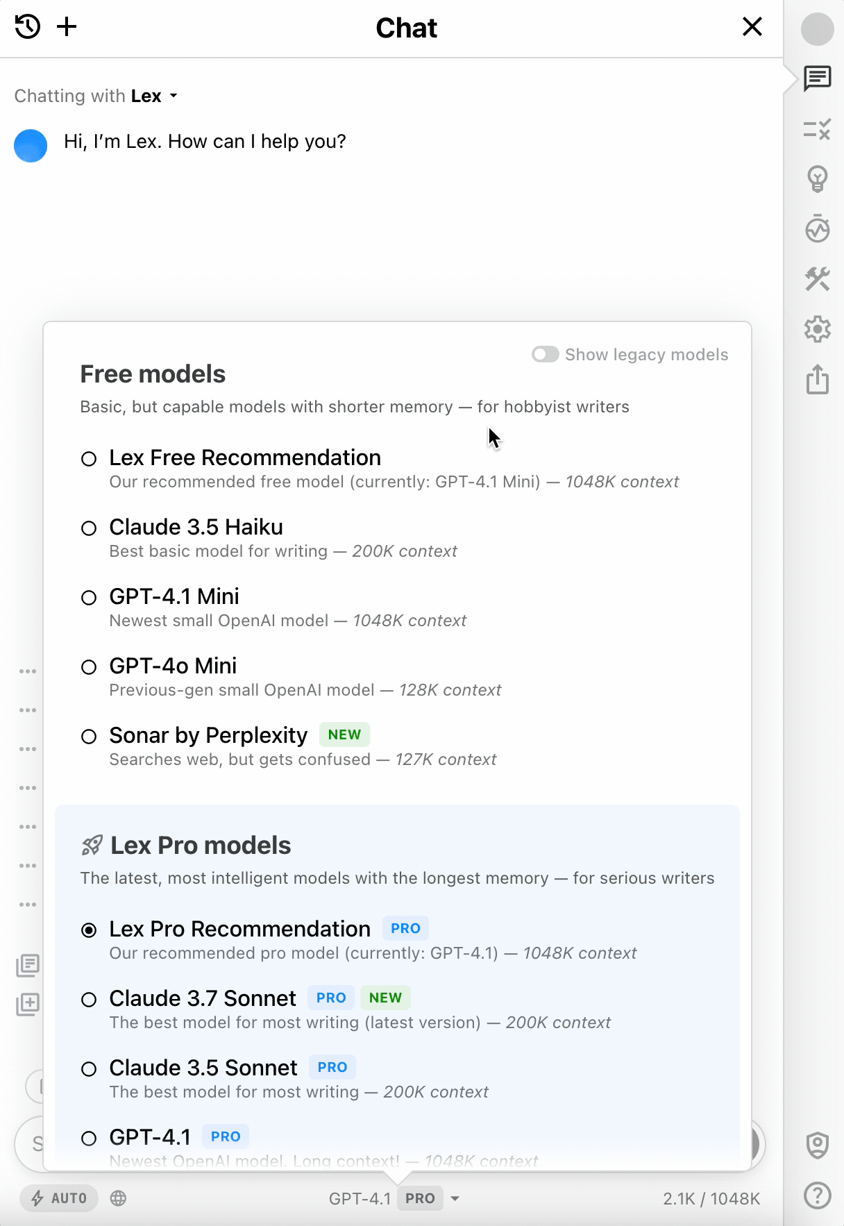 Switching AI models from the model picker in the Ask Lex chat
