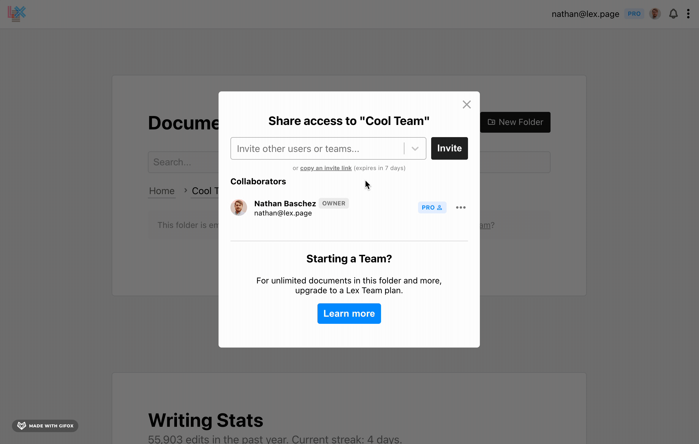 Sharing a Lex for Teams folder and inviting colleagues from the Documents list