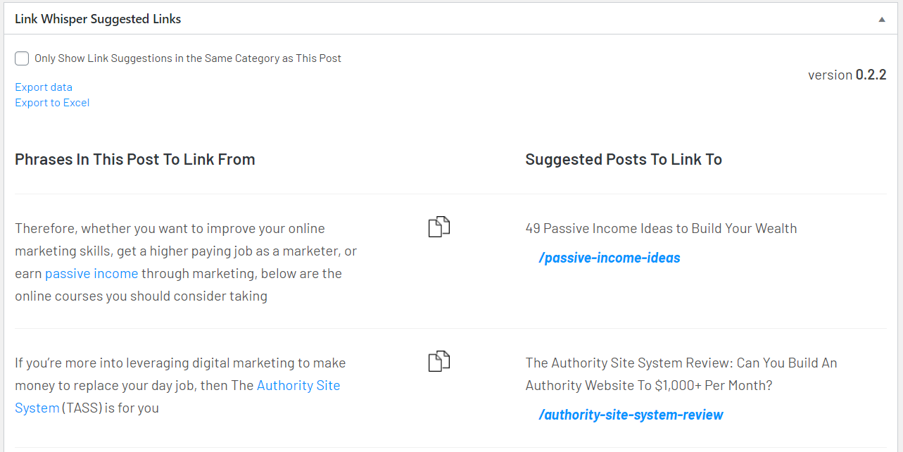Link Whisper's internal link suggestion panel inside the WordPress post editor