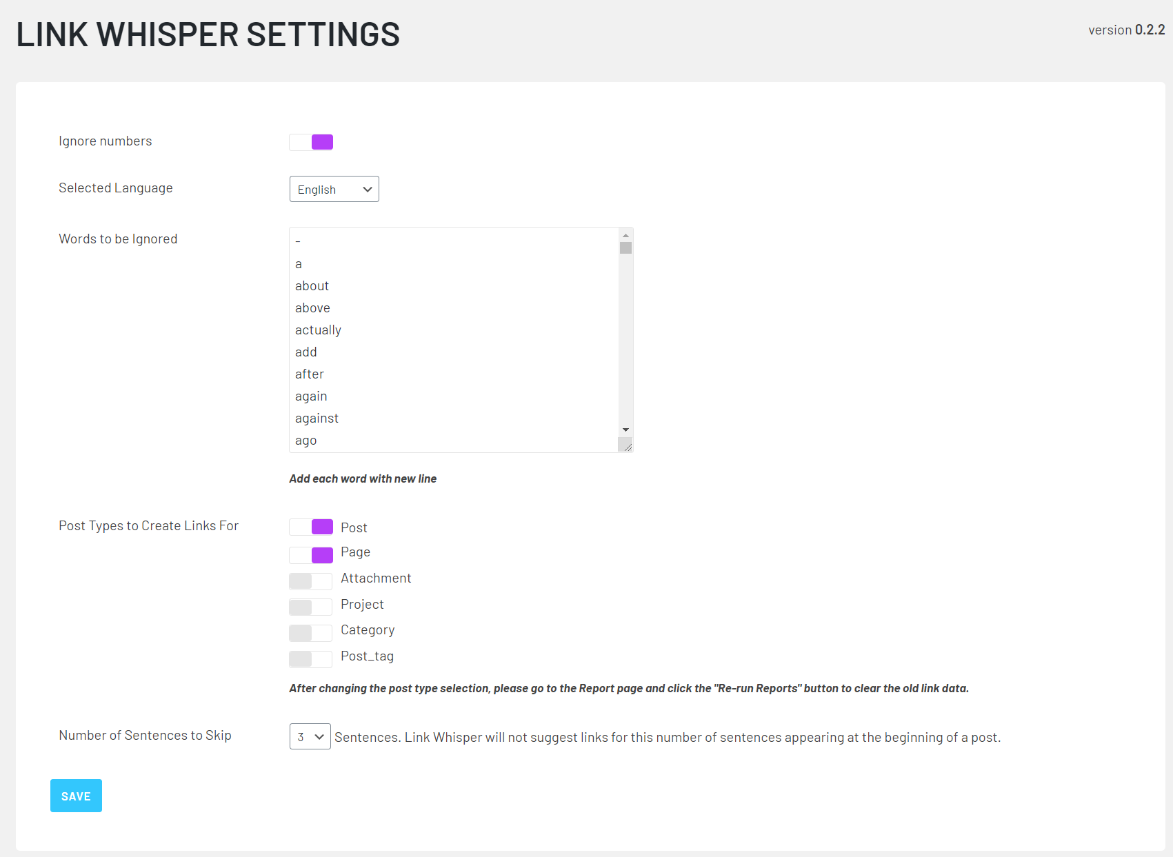 Link Whisper settings screen for refining internal link suggestions