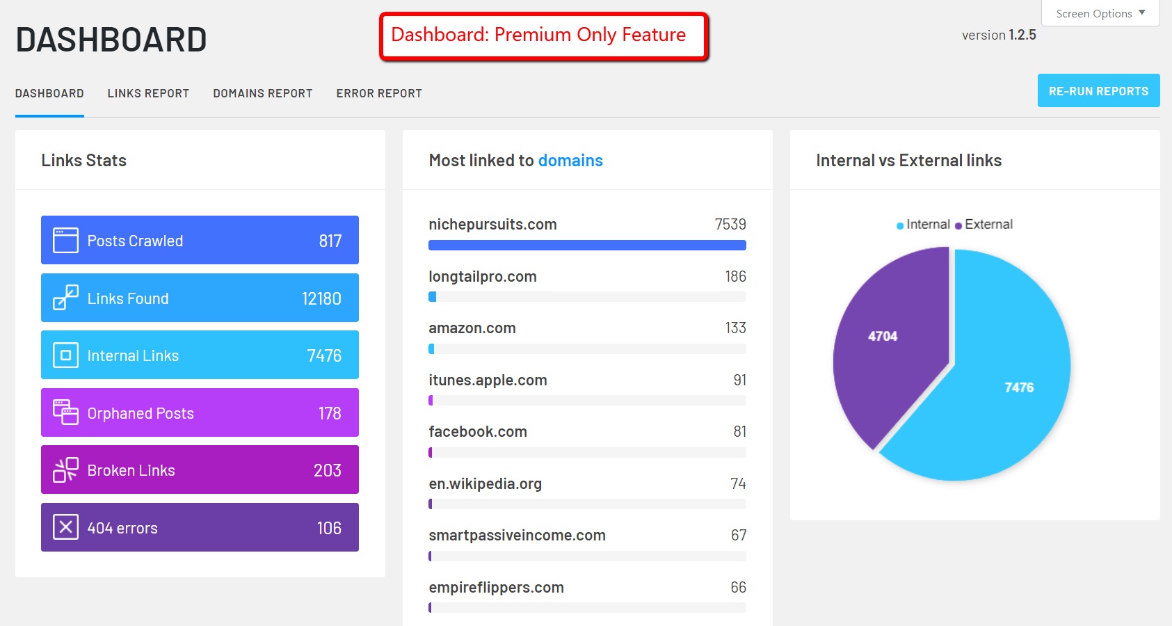 Link Whisper main dashboard reports view showing internal linking metrics
