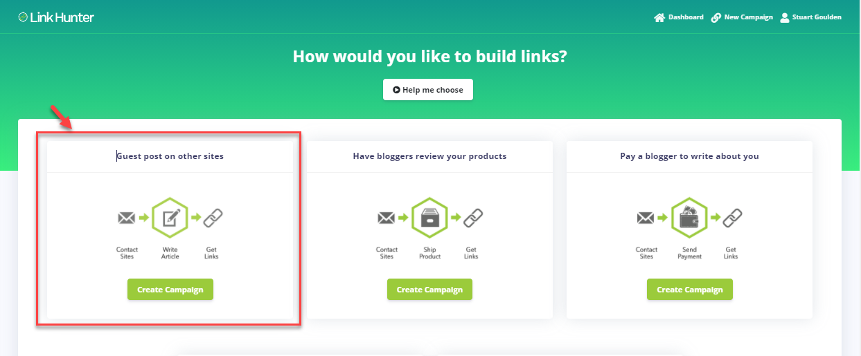 LinkHunter How would you like to build links screen with Guest post on other sites selected
