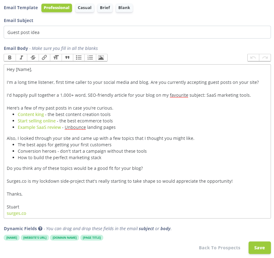 LinkHunter built-in guest-post outreach email template
