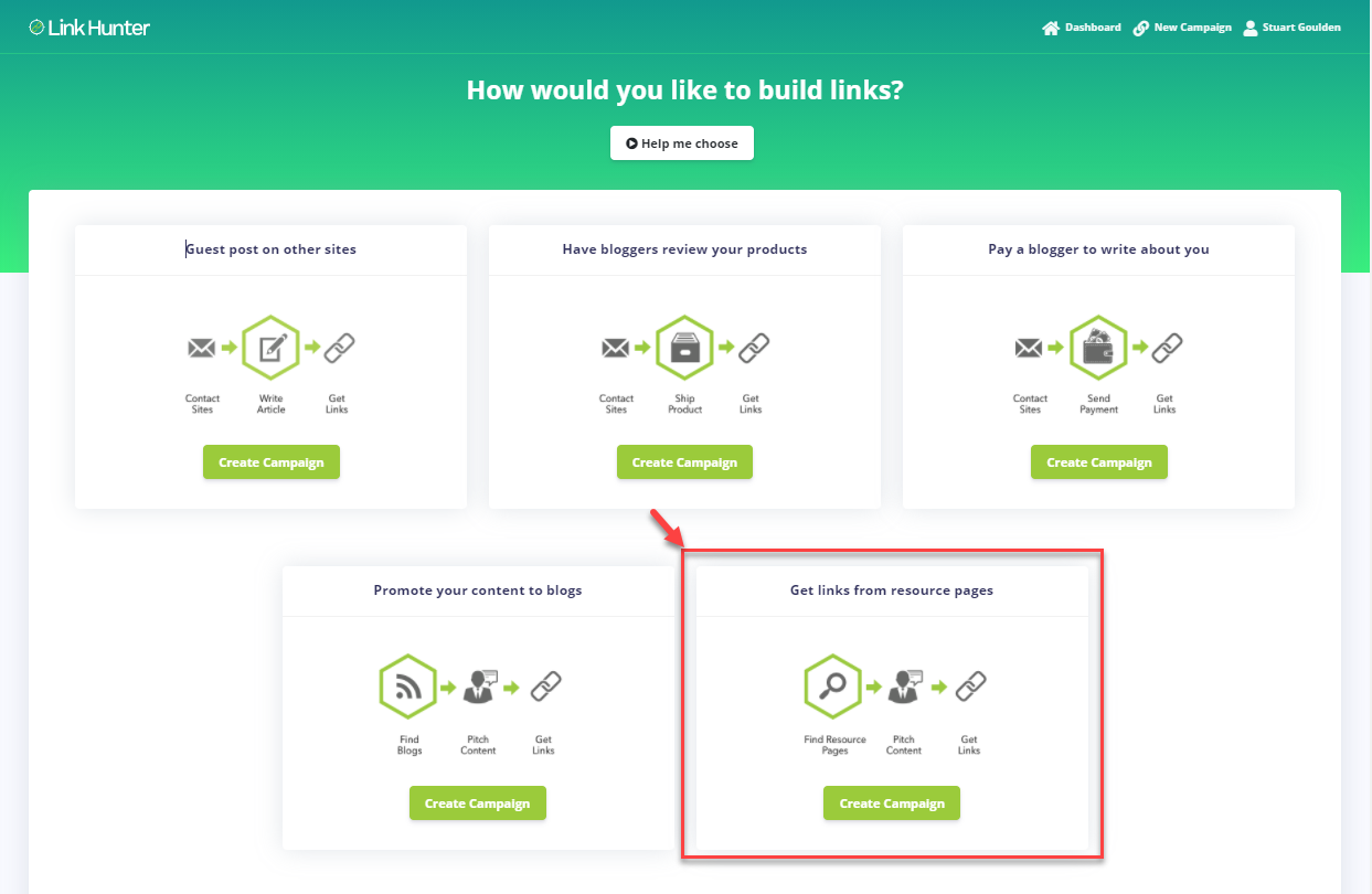 LinkHunter campaign picker with the Get links from resource pages strategy highlighted