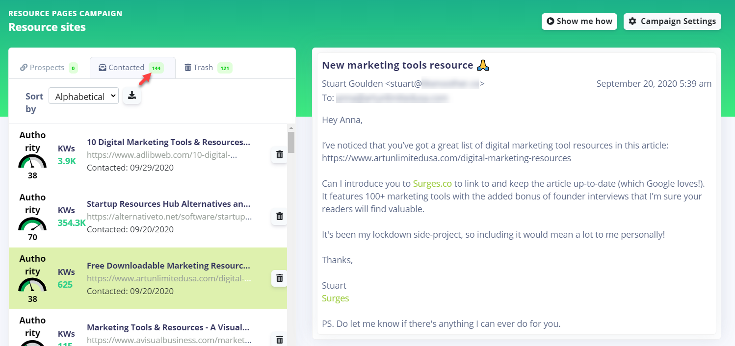 LinkHunter Contacted tab tracking which prospects were pitched and who replied
