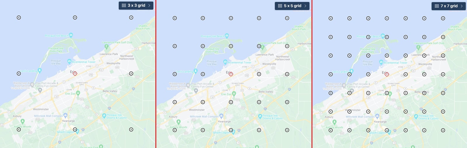 Local Falcon grid size comparison showing how a larger grid adds more map pins, and so more credits, per scan