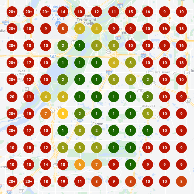 Local Falcon scan report showing a geo-grid of coloured ranking pins around a business on Google Maps