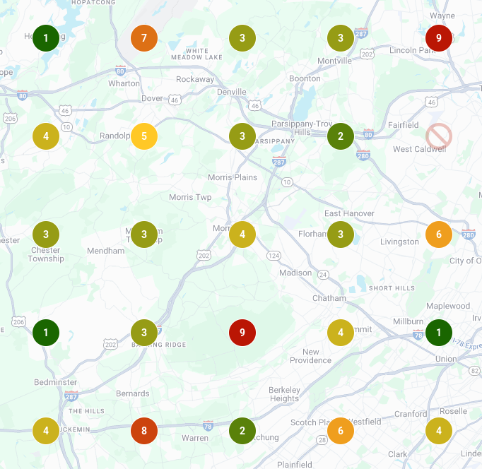 Example Local Falcon geo-grid of Google AI Overviews visibility for a local business