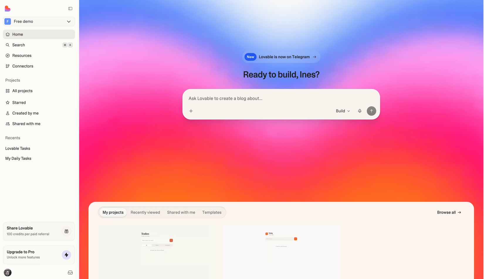 Lovable dashboard with the build prompt and recent projects