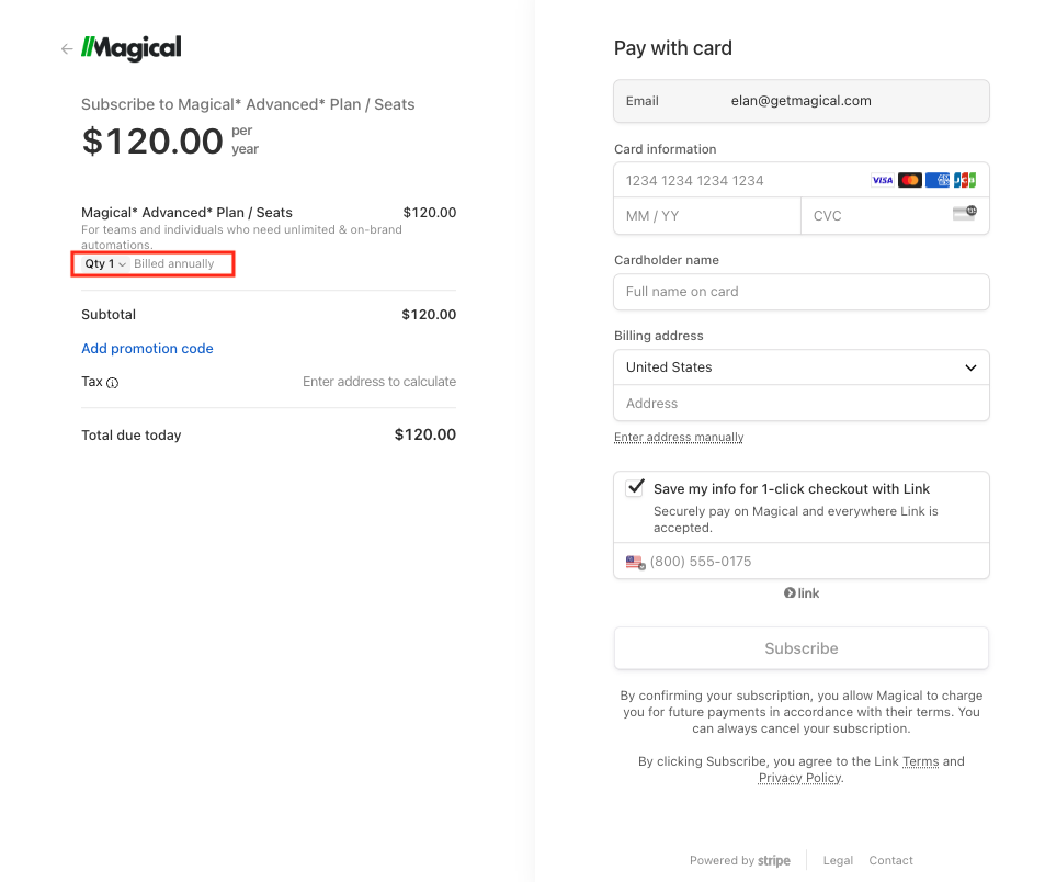 Magical checkout showing the Advanced plan at $120 per seat per year