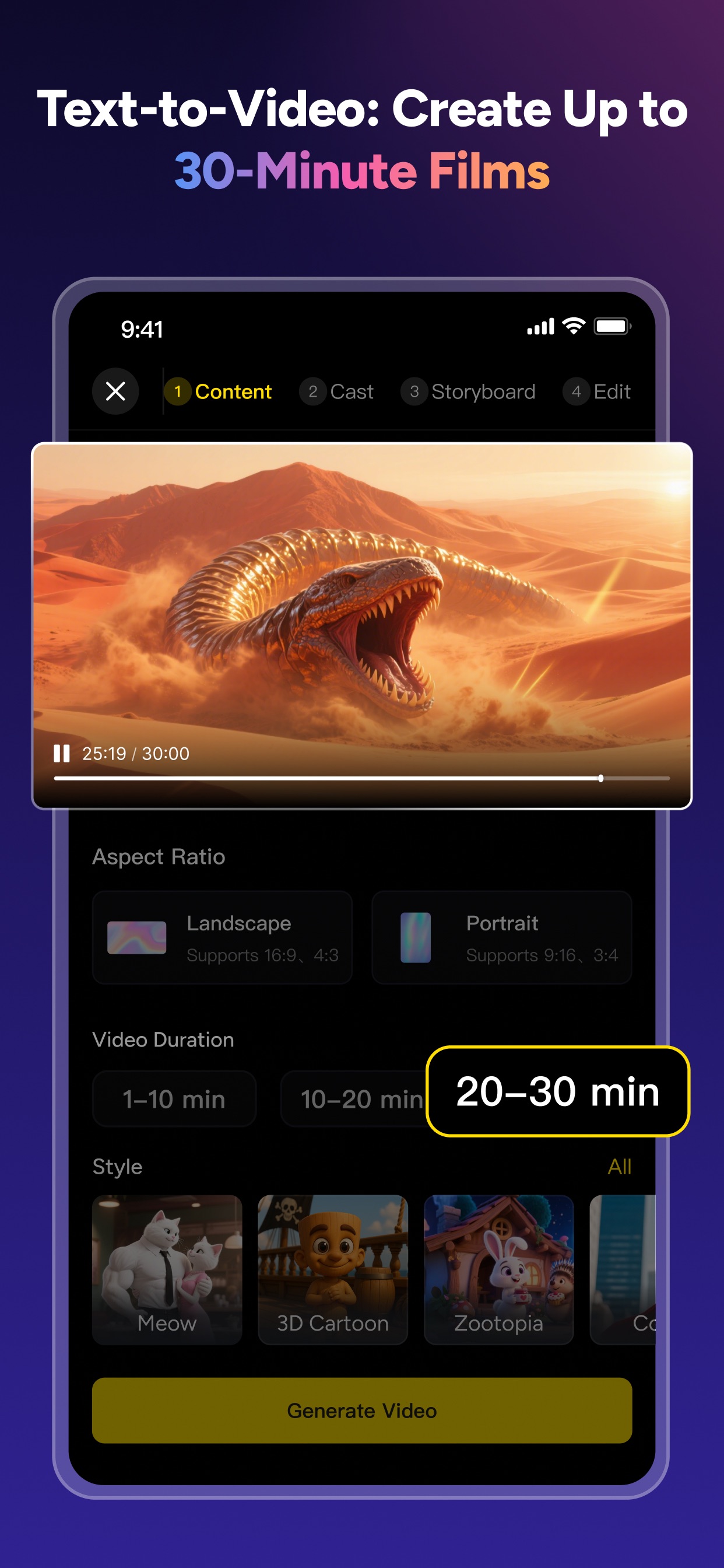 MagicLight create screen with Content, Cast, Storyboard and Edit tabs, style picker and video duration options