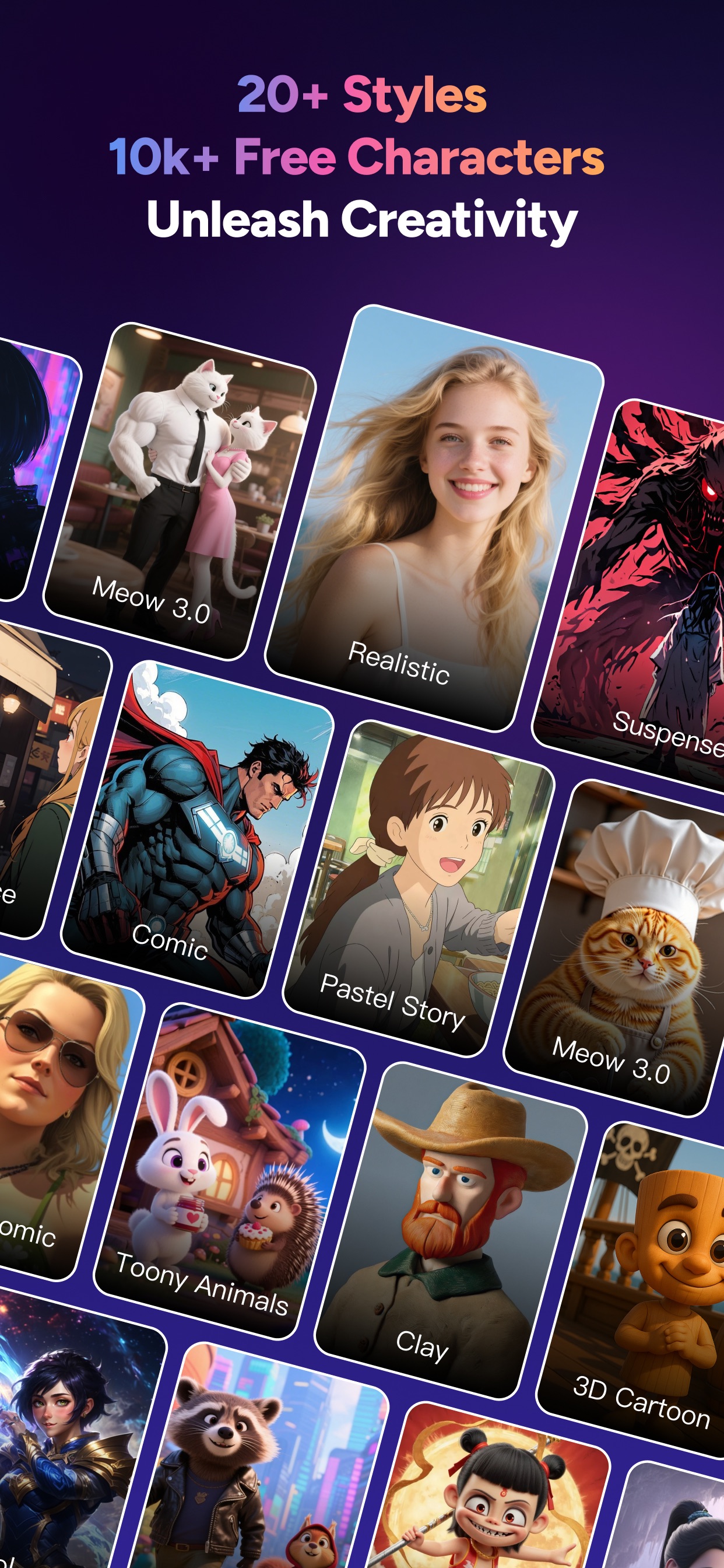 MagicLight style and character library showing realistic, comic, clay and 3D cartoon styles