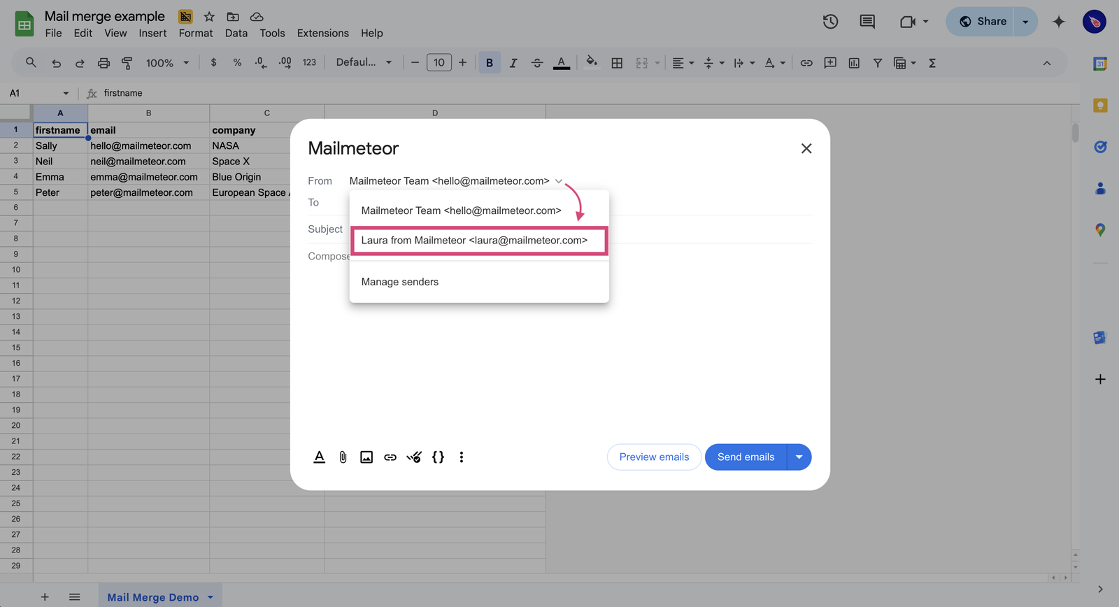 Choosing which sender address to use in the Mailmeteor Google Sheets add-on before a mail merge