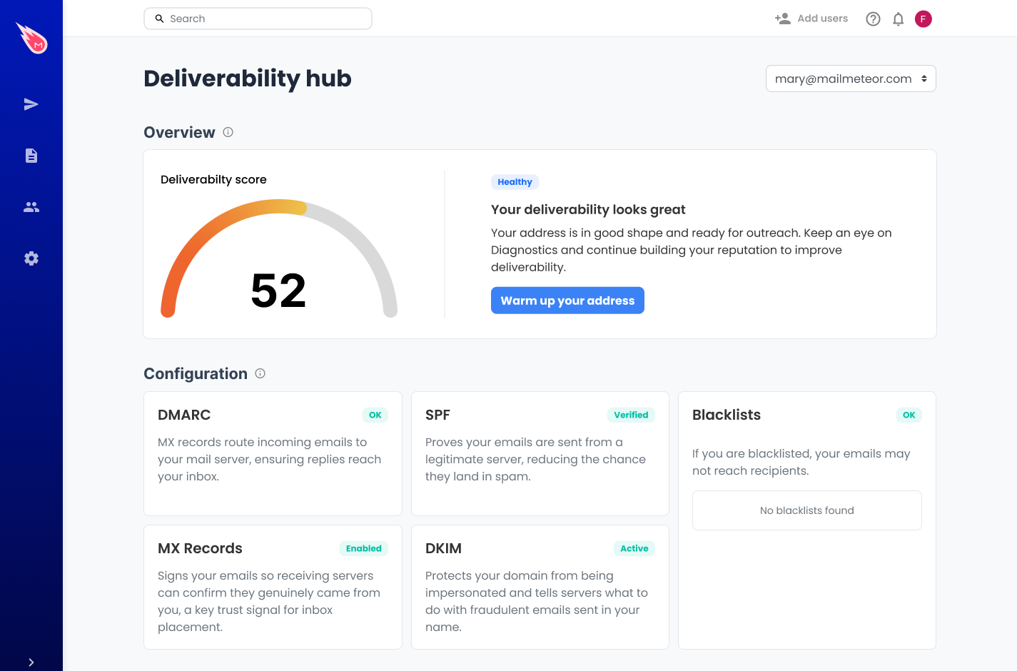 Mailmeteor Deliverability Hub showing DNS record checks, blacklist status and a sender reputation score