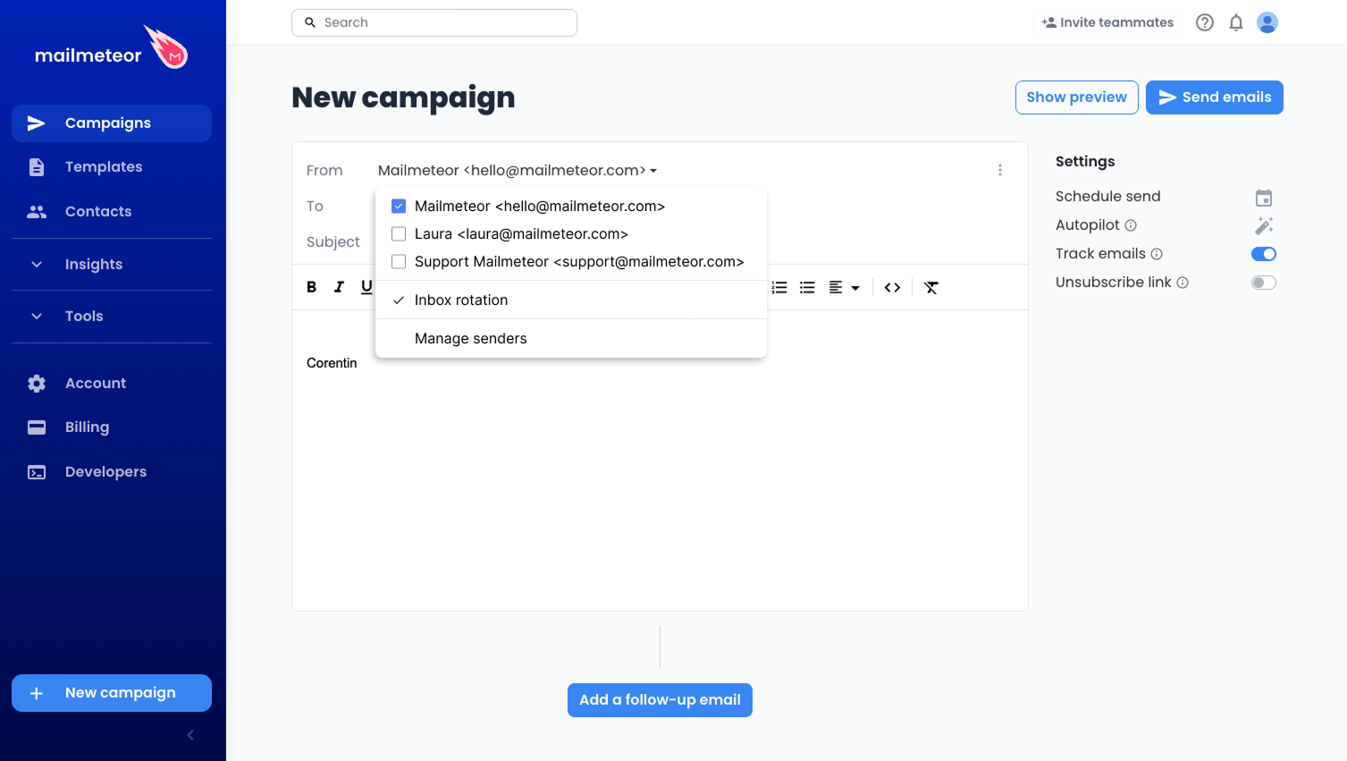 Choosing several sender addresses for inbox rotation inside a Mailmeteor campaign