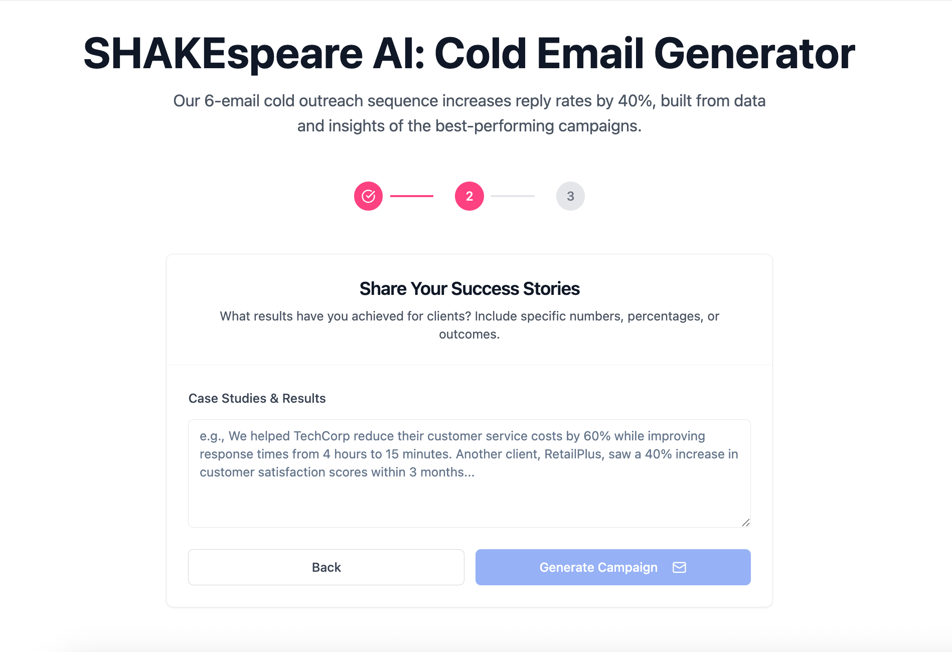 Mailshake SHAKEspeare AI writer showing a generated cold email sequence