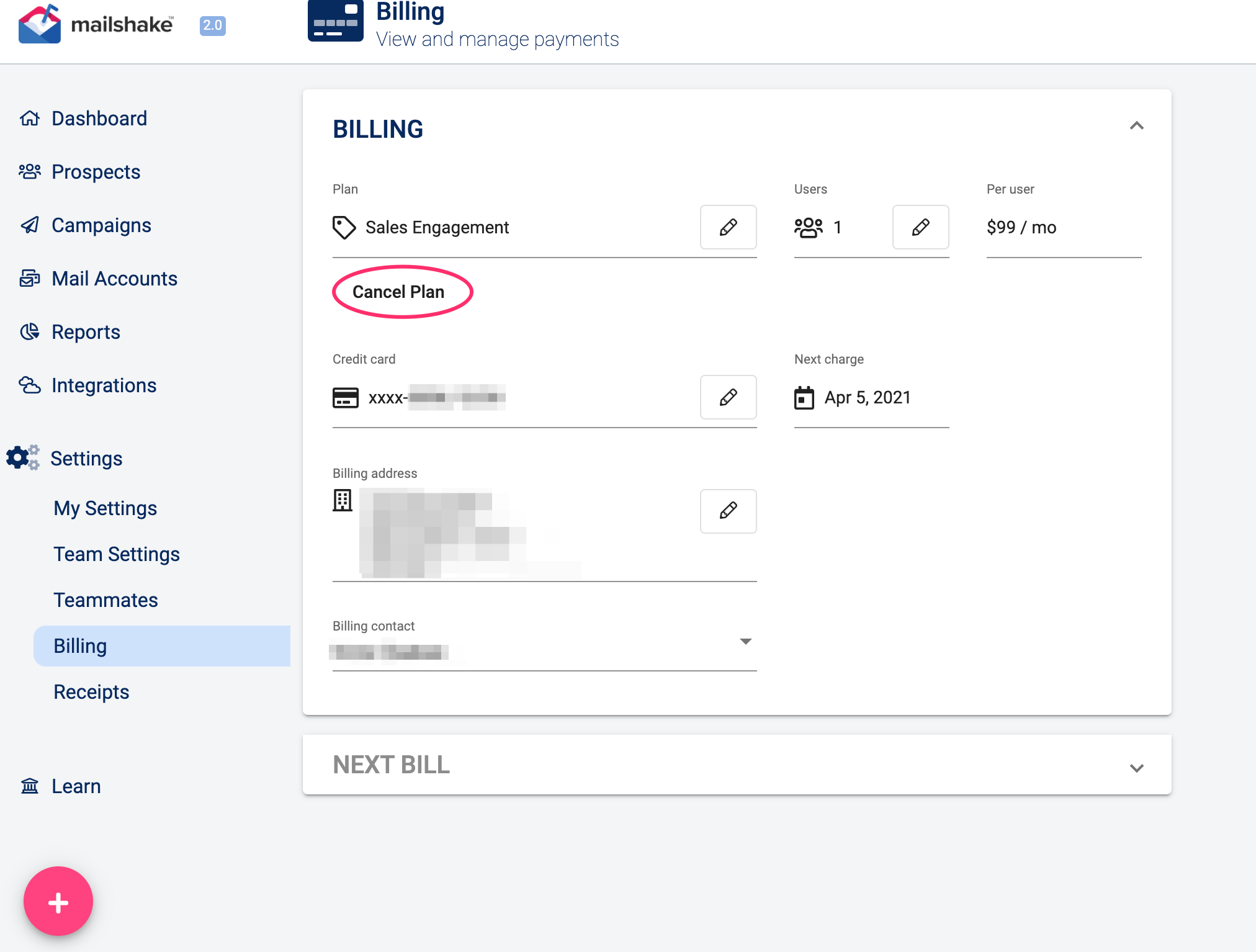 Mailshake Settings > Billing page with the Cancel Plan button