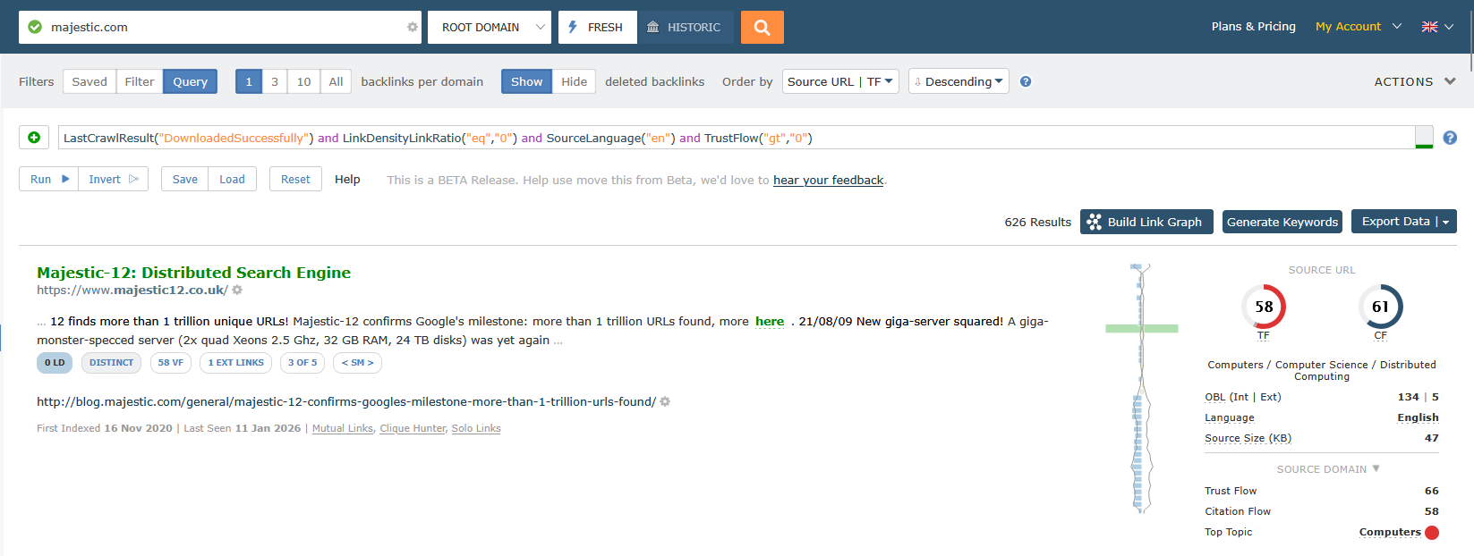 Majestic Site Explorer Advanced Filters panel in the Link Context view, launched January 2026