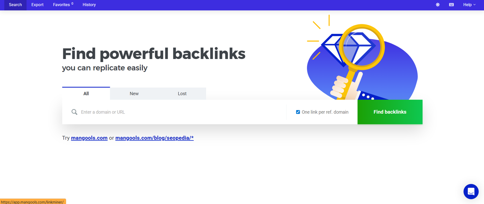 Mangools LinkMiner backlink search screen