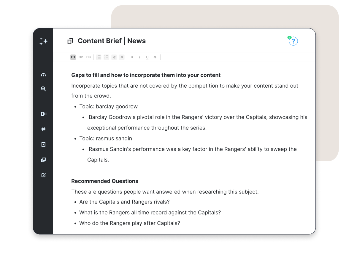 MarketMuse content brief interface listing subtopics and questions to cover