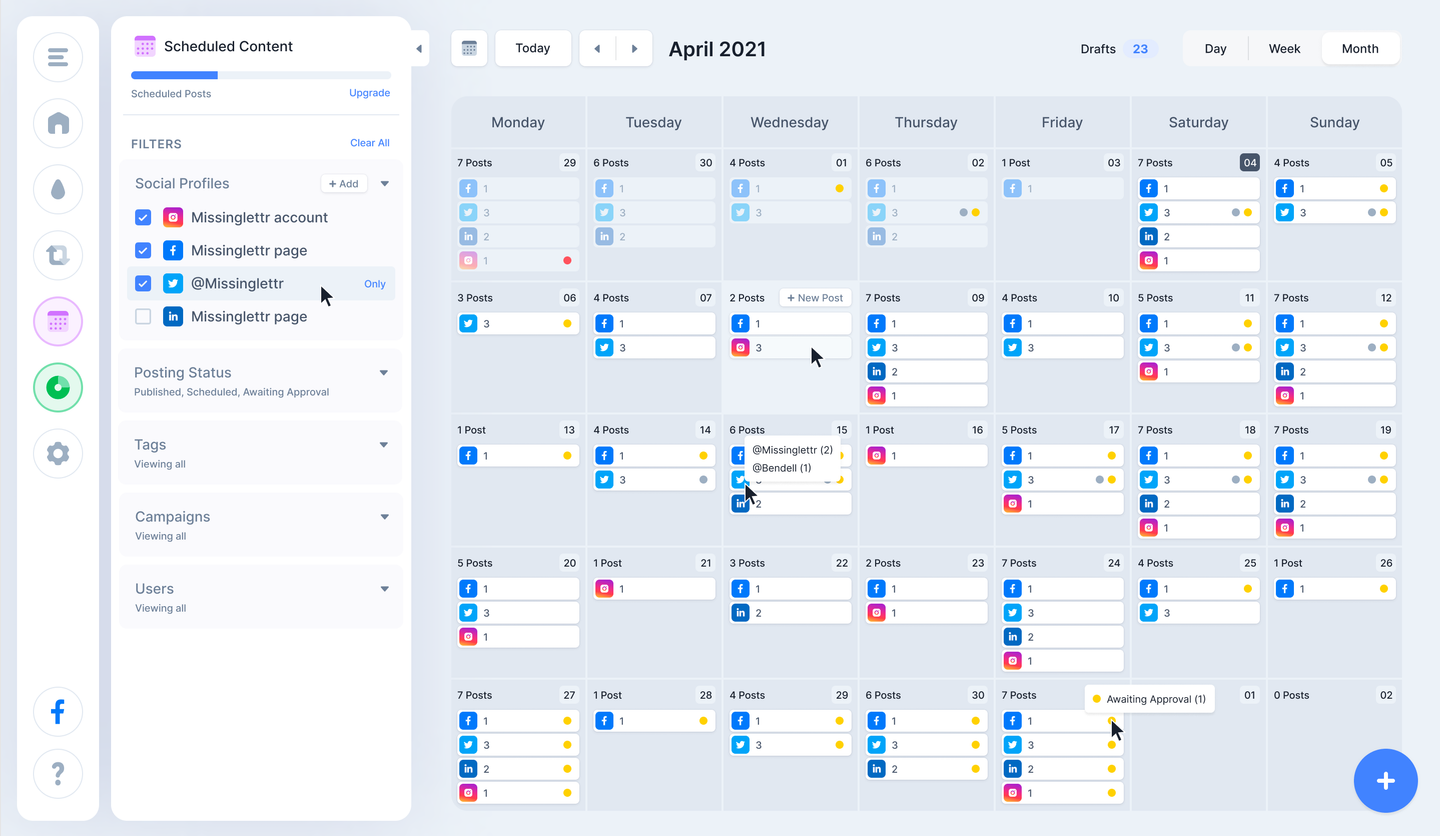 Missinglettr scheduling calendar showing a month of drip-campaign social posts
