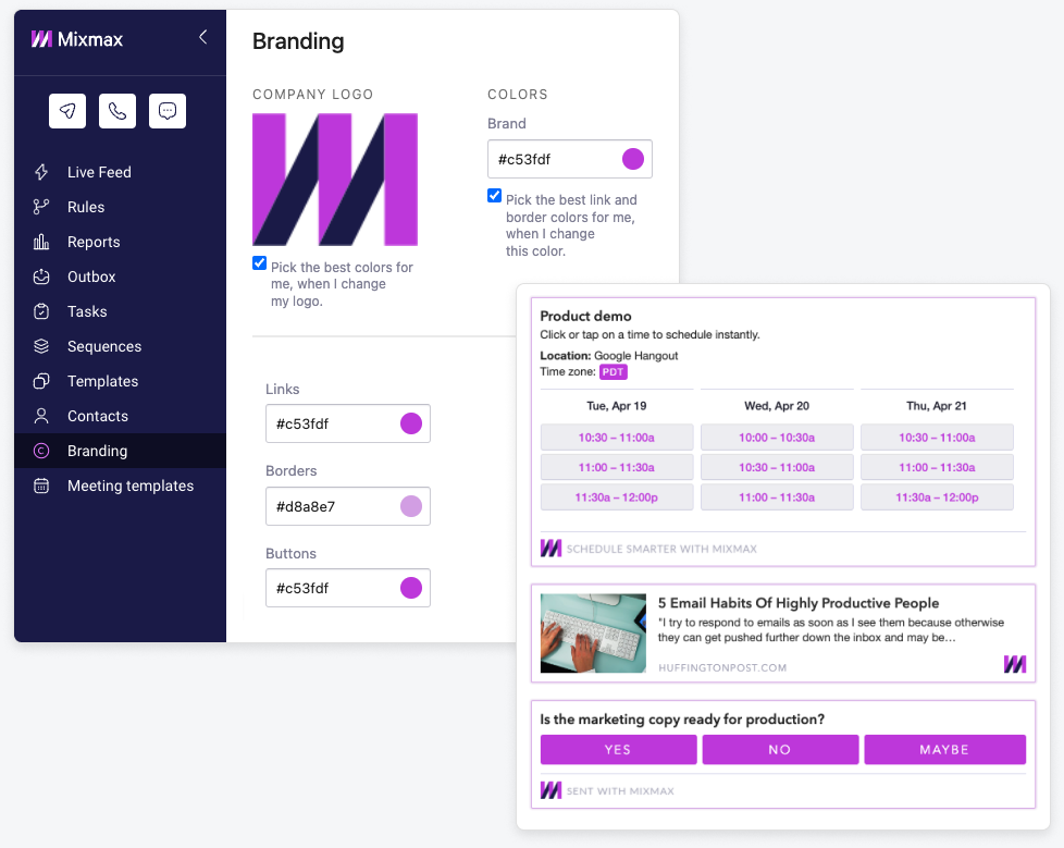 Mixmax branding settings with an in-email Product demo booking grid and a Yes/No/Maybe poll