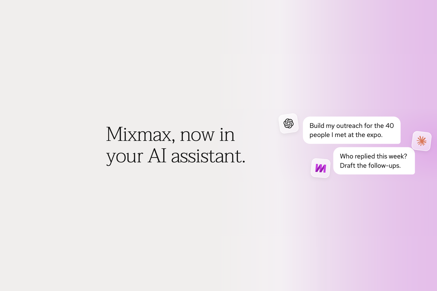 Mixmax MCP banner: Mixmax, now in your AI assistant, with prompts asking who replied this week and to draft follow-ups