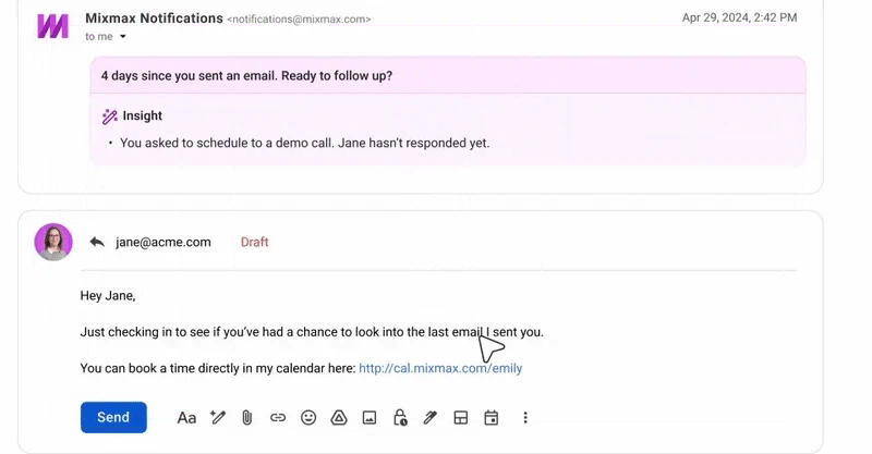 Mixmax follow-up insight in Gmail: 4 days since you sent an email, ready to follow up, with a drafted reply and booking link