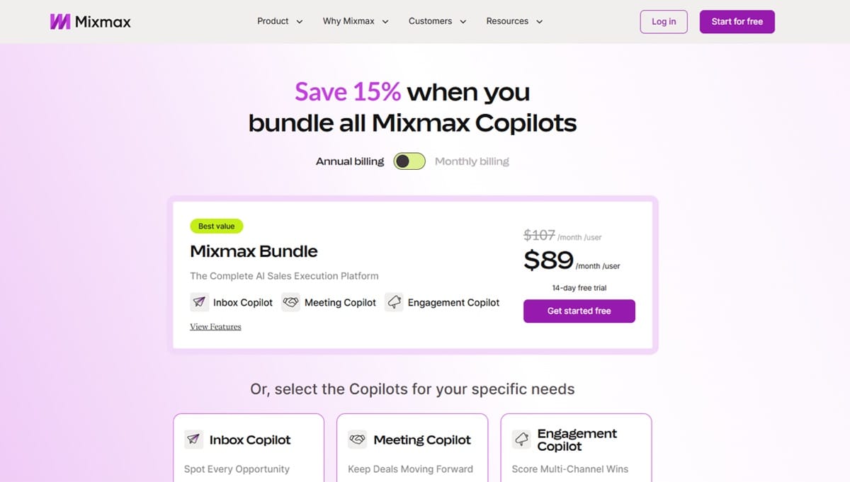 Mixmax's former early-2026 pricing page showing the $89 Bundle of Inbox, Meeting and Engagement Copilots, since replaced