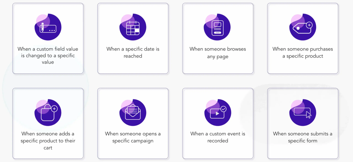 Moosend automation trigger selection screen listing available workflow triggers