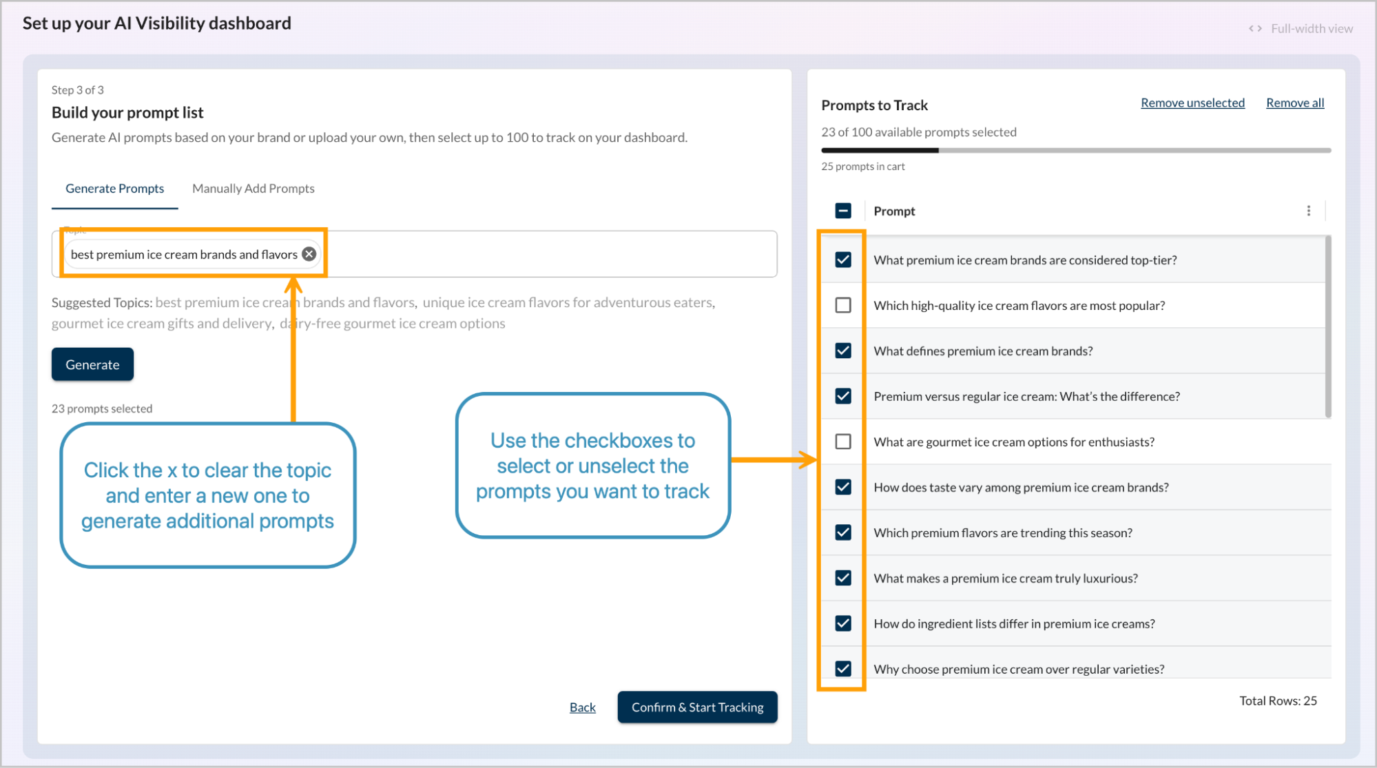 Moz Pro AI Visibility setup reviewing prompts to track across AI models