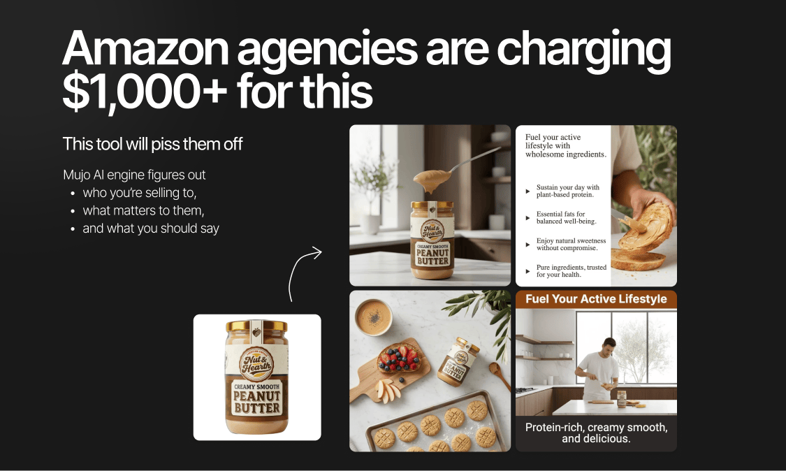 A single product photo turned into generated lifestyle images and marketing copy by Mujo AI