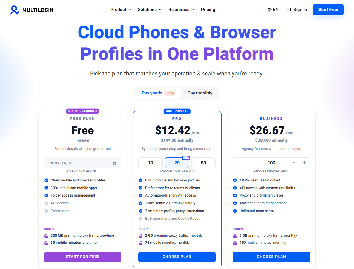 Multilogin pricing page: Free with 5 profiles, Pro 20 at $12.42 a month and Business 100 at $26.67 a month, both billed annually