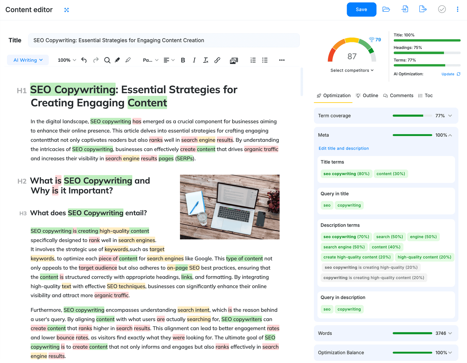 NeuronWriter content editor scoring a draft against its SEO brief