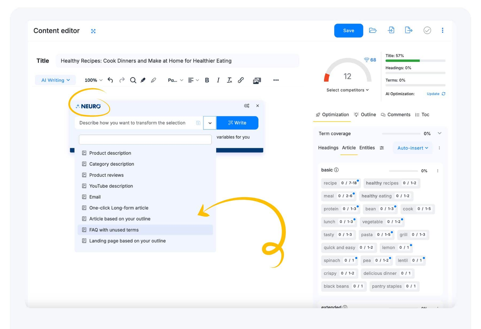 NeuronWriter ready-made AI writing templates