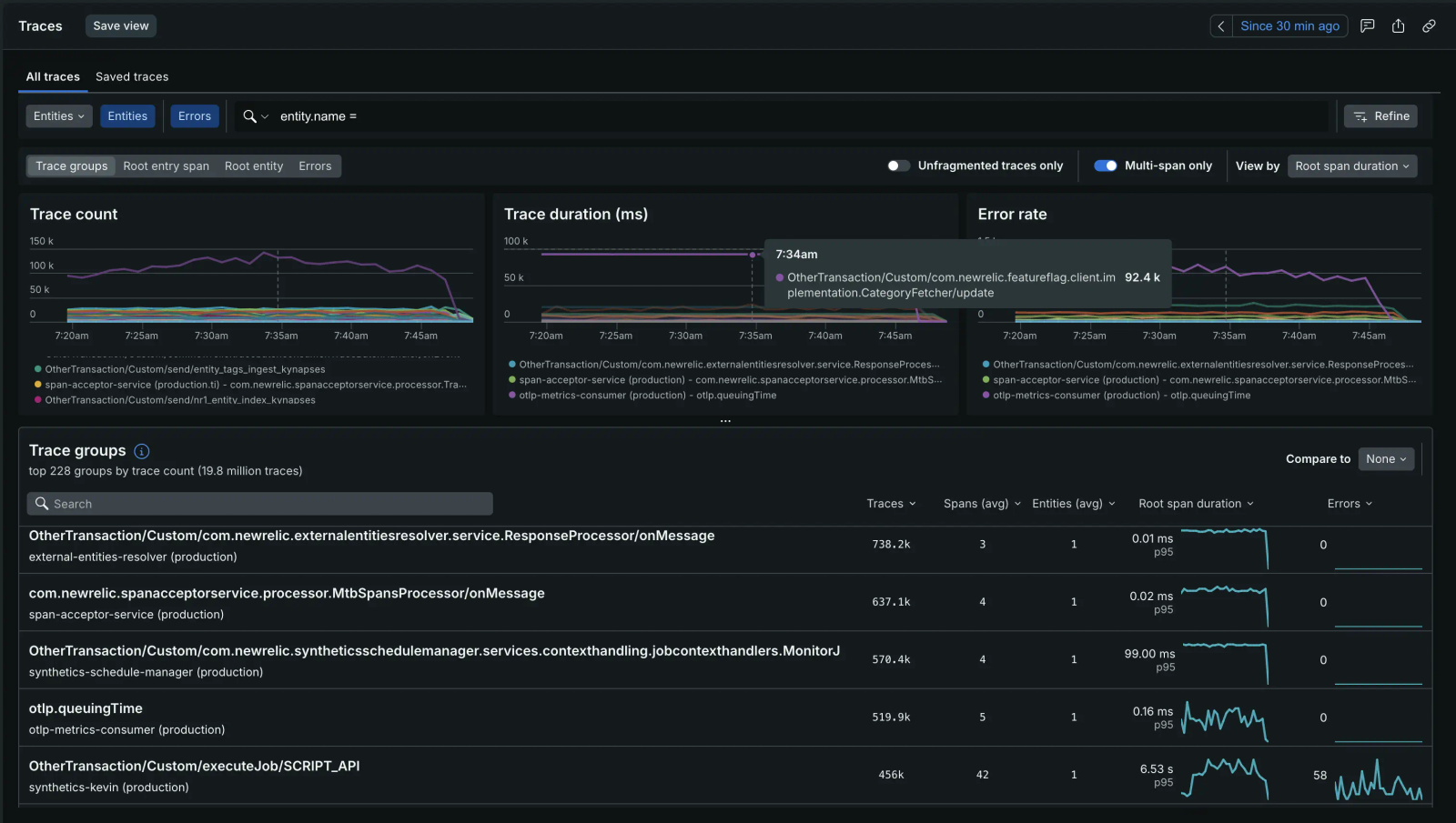 New Relic distributed tracing trace list with request durations and spans