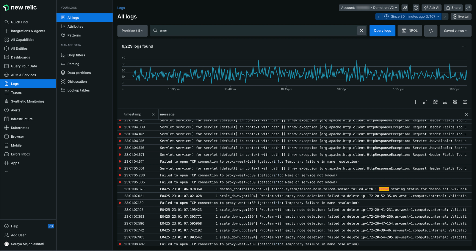 New Relic logs UI listing log lines with attributes and a filter bar